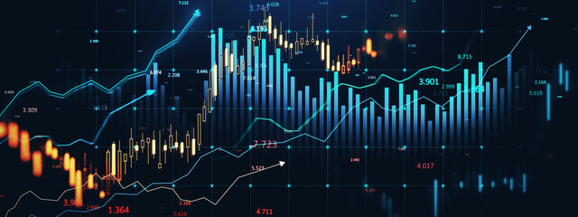 Financial data charts with glowing stock and forex graphs on a dark background illuminated in blue tones. 3D Rendering
