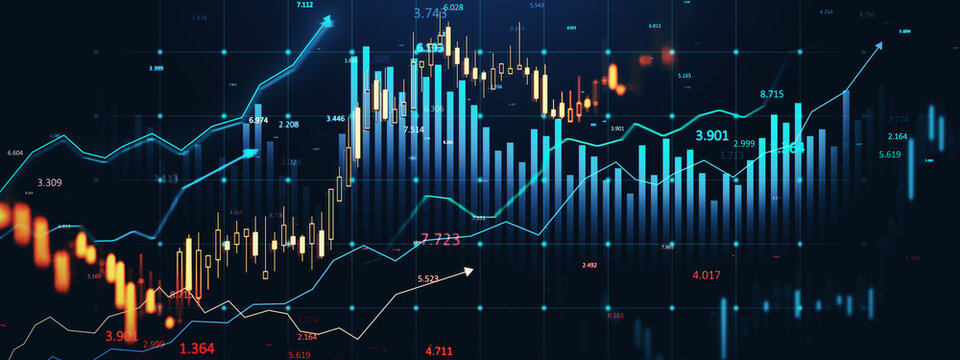 Financial data charts with glowing stock and forex graphs on a dark background illuminated in blue tones. 3D Rendering - Powered by Adobe