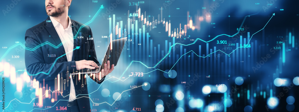 Poster businessman analyzing stock market data with graphs and charts on a futuristic digital background.