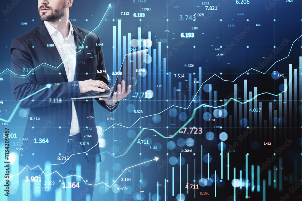 Poster businessman analyzing financial data on laptop with stock market graphs and charts in background.