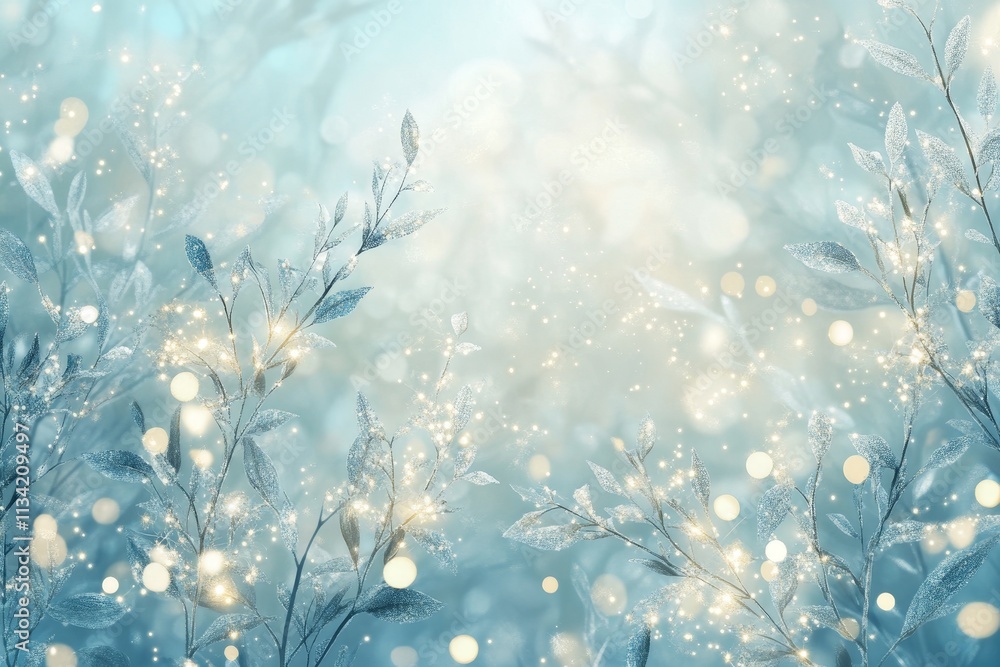 Poster dreamy ethereal background with soft glowing lights, delicate leaves, and sparkling bokeh effect cre