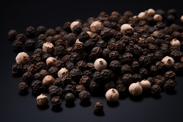 High-quality close-up of rounded black peppercorns scattered on a clean white background, showcasing their texture and natural details