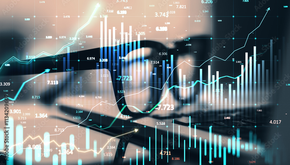 Poster Abstract financial data graph with upward trend, overlayed on blurred glasses and keyboard background.