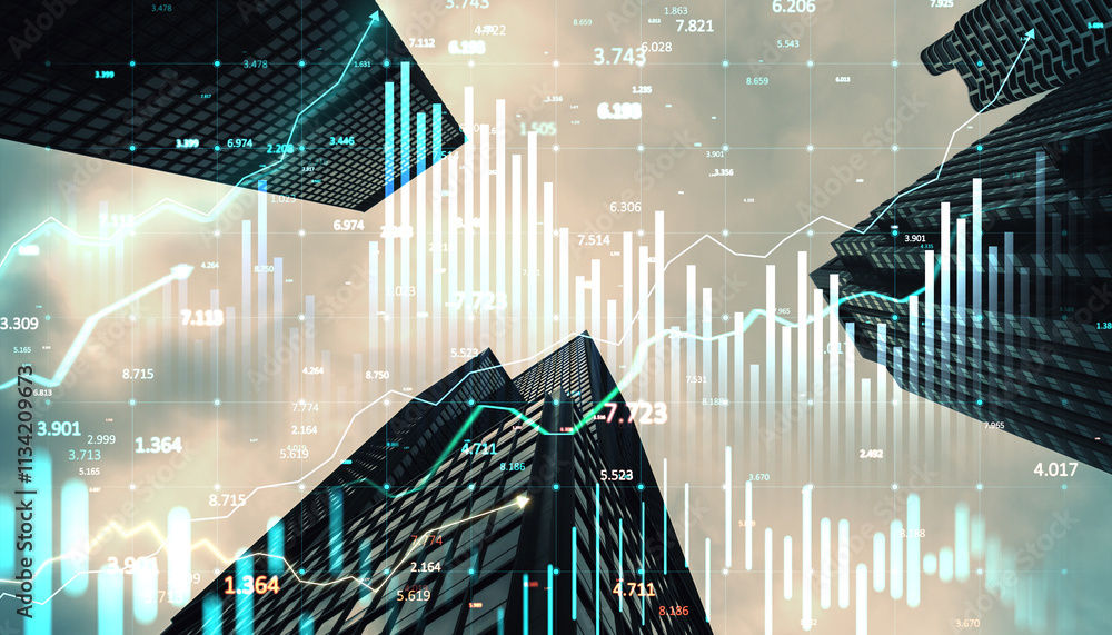 Poster Digital financial data charts over modern skyscrapers. 3D Rendering