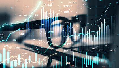 Abstract financial data graph with upward trend, overlayed on blurred glasses and keyboard background.