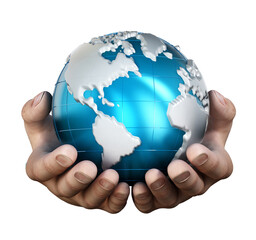 Globe in cupped hands on transparent background