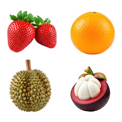 Fresh strawberries, orange, mangosteen, and durian fruits