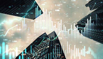 Digital financial data charts over modern skyscrapers. 3D Rendering