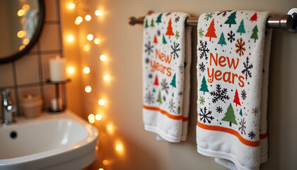 Festive bathroom with decorative New Year's towels and warm fairy lights in a cozy setting