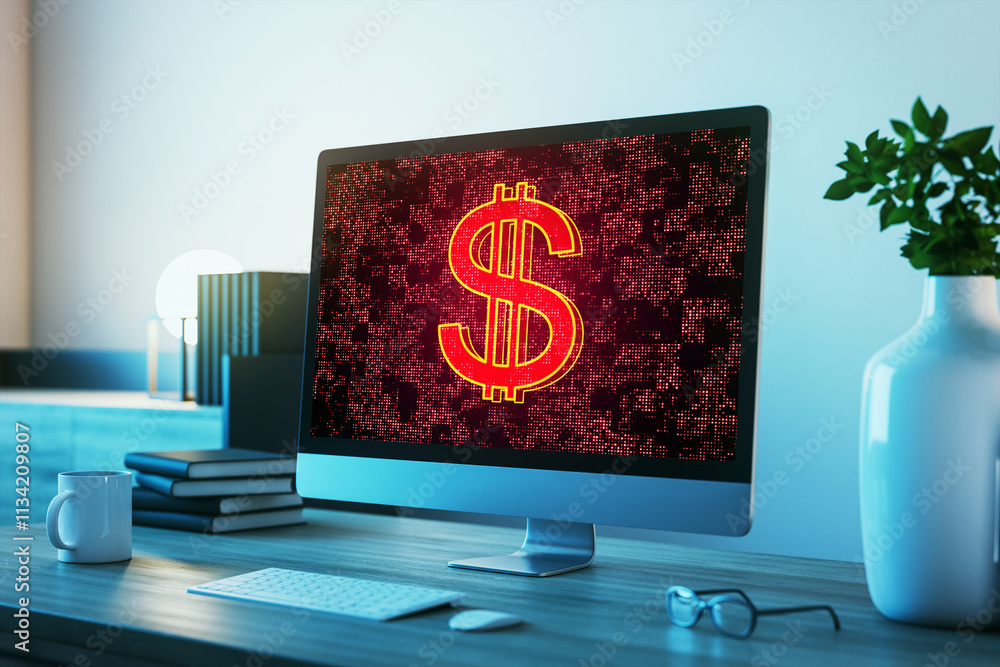 Aufkleber Desktop computer displaying red dollar sign on screen in modern office environment. 3D Rendering