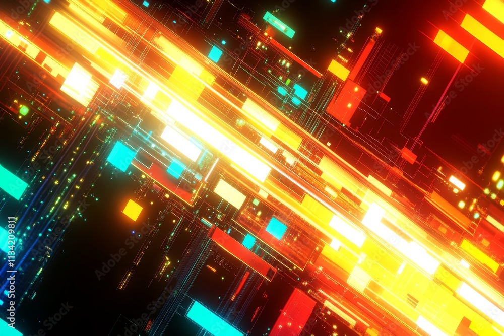 Poster dynamic abstract background with colorful lines and shapes representing modern technology, data flow