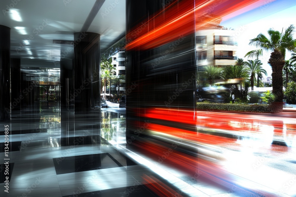 Aufkleber dynamic urban scene with motion blur of lights and palm trees in modern architecture featuring gloss