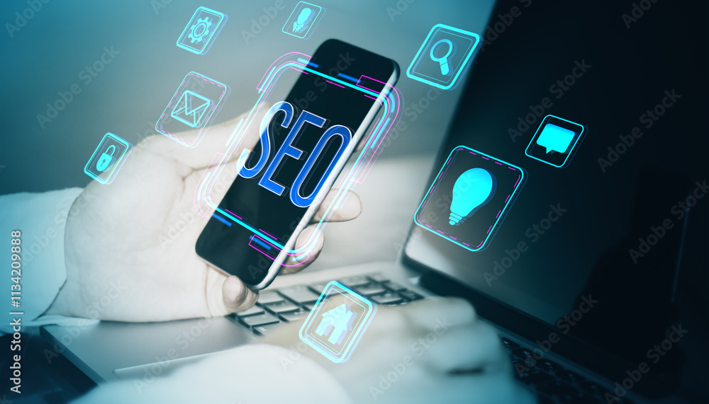 Poster SEO concept with smartphone displaying text and digital icons on modern workspace background.