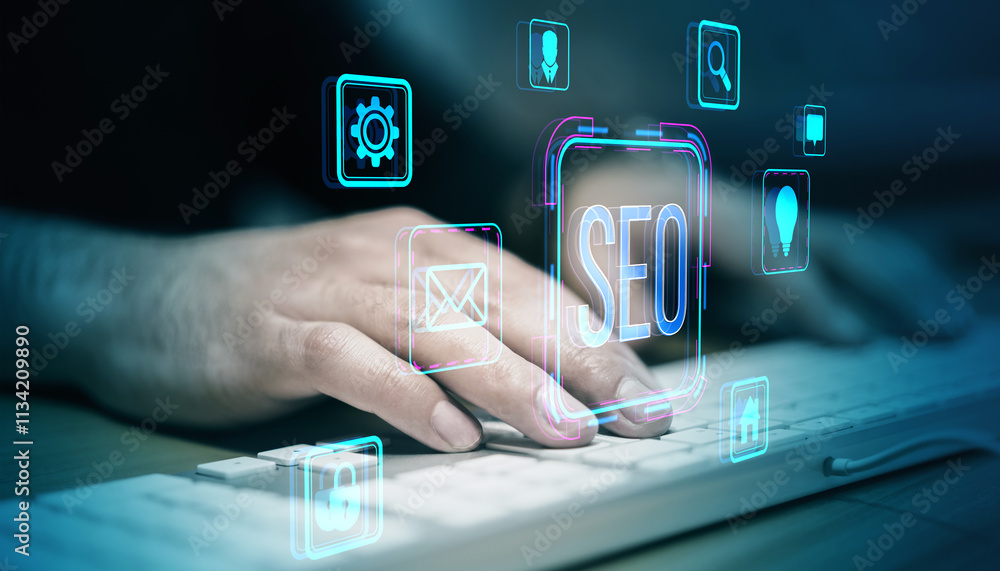 Poster Hands typing on keyboard with glowing SEO-related icons in futuristic design.