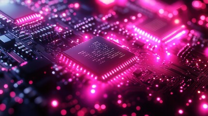 Fototapeta premium Illuminated Circuit Board: A Close-Up of Microchips and Technology