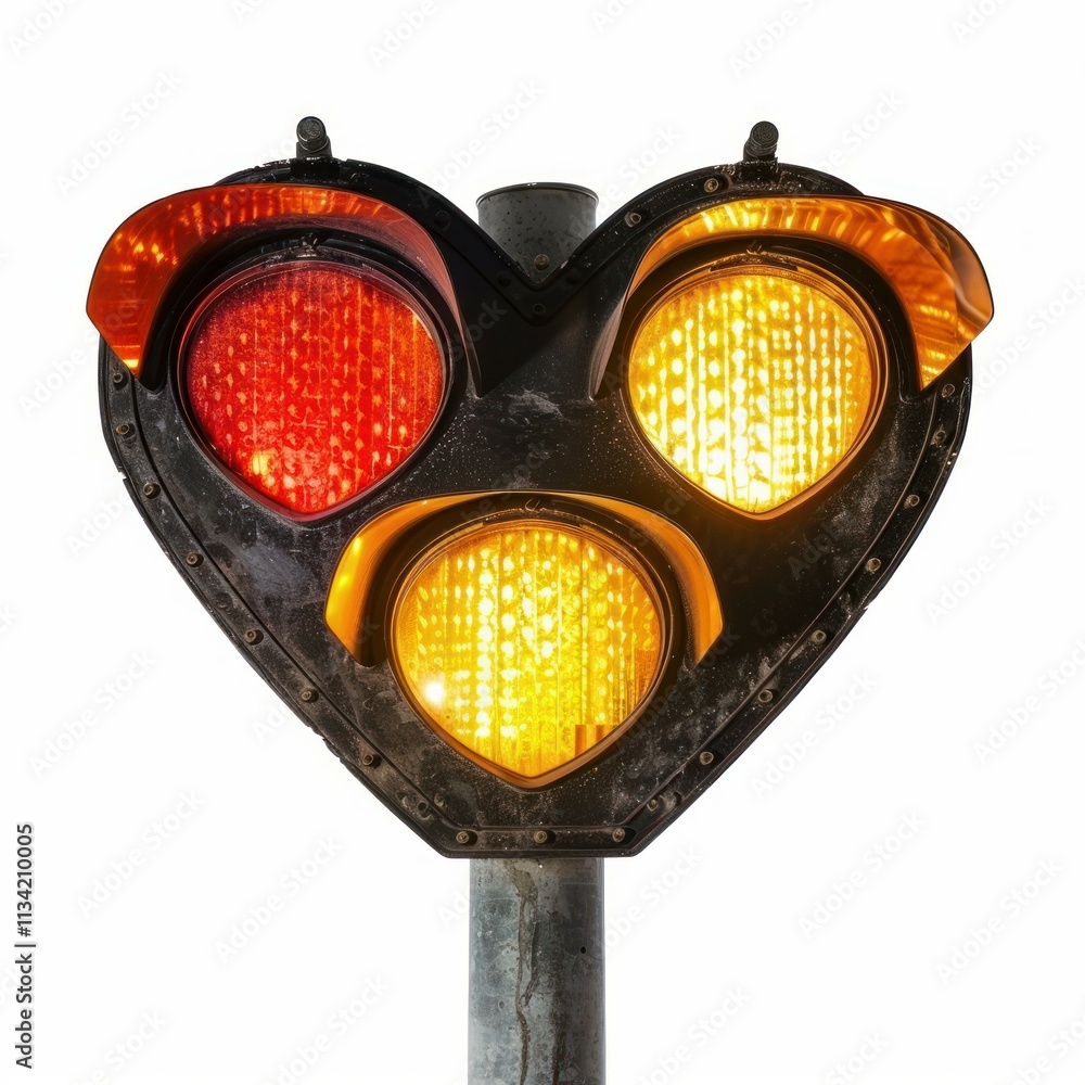 Poster heart shaped traffic signal showing red and two yellow lights, creating a unique and symbolic image