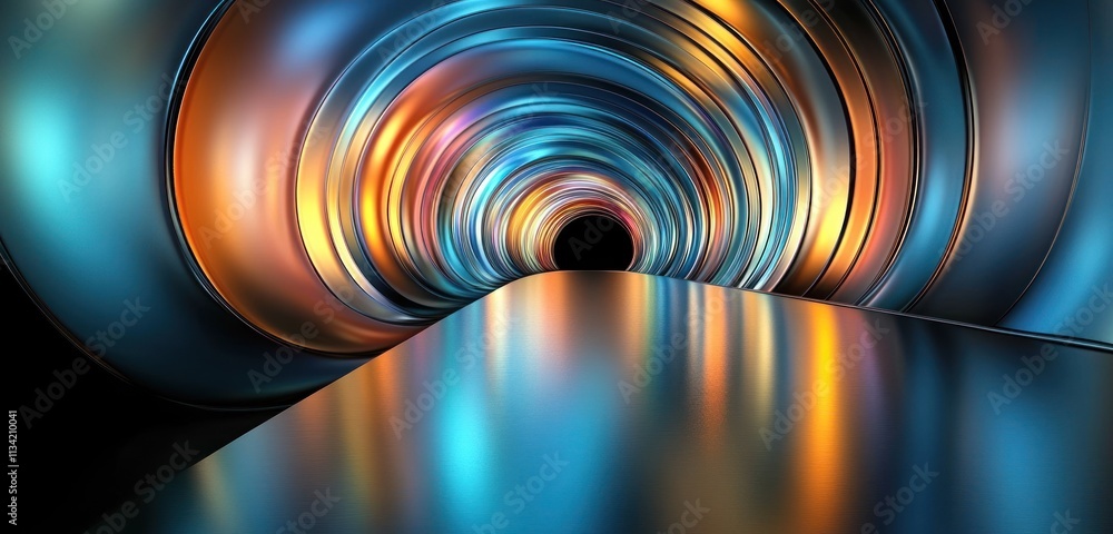 Poster abstract 3d tunnel with shiny reflection and metallic color.