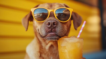 A dog wearing sunglasses enjoys a refreshing drink on a sunny day.