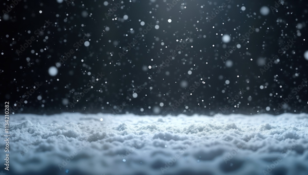 Poster winter scene snowfall. falling snowflakes against dark background over layer of snow. soft lighting.