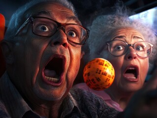 An epic moment of a bingo ball rolling into the final slot, intense expressions on players faces as they await the win