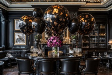 Elegant black balloons with floral designs and rich floral centerpiece adorn luxurious dining table in opulent setting, creating a sophisticated atmosphere for upscale gatherings and celebrations.