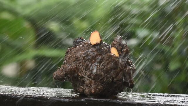 Raining to Konjac or Amorphophallus konjac head on natural background.