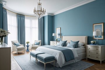 Elegant Blue Bedroom Design with Minimalist Furniture and Timeless Style
