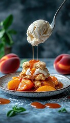 A delicious dessert featuring peaches, biscuit layers, and vanilla ice cream drizzled with syrup.