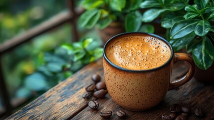 Cup of creamy coffee surrounded by coffee beans and greenery on a rustic table