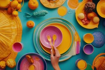 Vibrant Summer Table Setting: Colorful Plates, Tropical Fruits, and Festive Decor