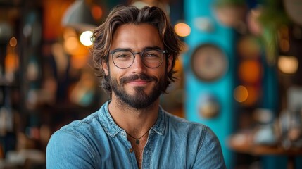 Obraz premium Portrait of a man in a stylish setting with soft bokeh lighting in the background