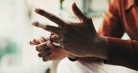 Hands, man and conflict as divorce, stress and anxiety for mental health, wellness and counselling....