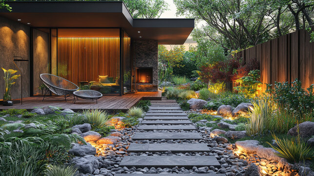 Serene Evening at Modern House: A beautifully landscaped garden path leads to a contemporary home, illuminated by warm lighting.  The scene evokes tranquility and sophistication. 