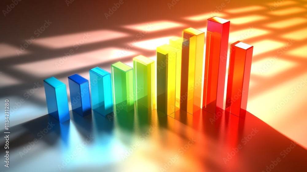 Poster colorful 3d bar graph with shadows on a reflective surface
