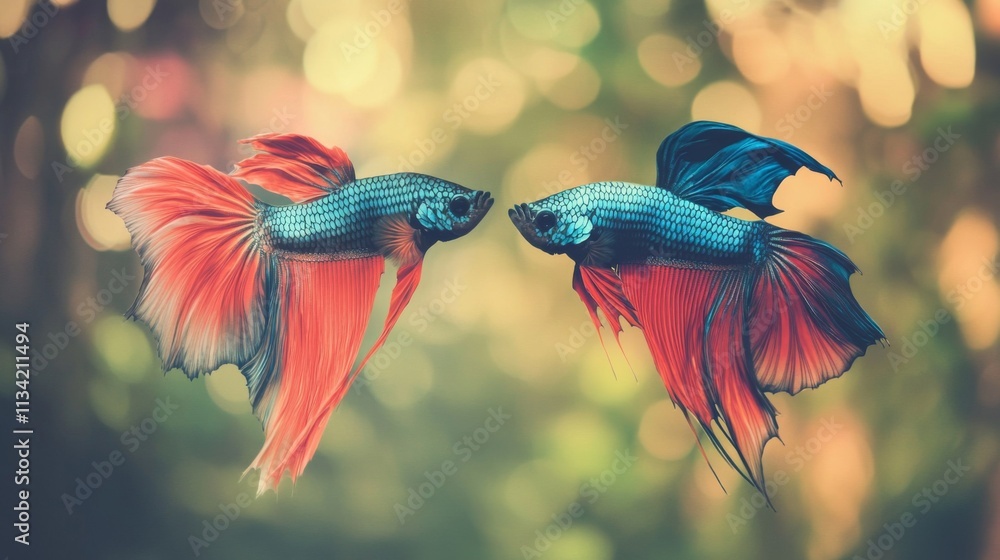 Poster Two Colorful Betta Fish Facing Each Other in Soft Focus Background