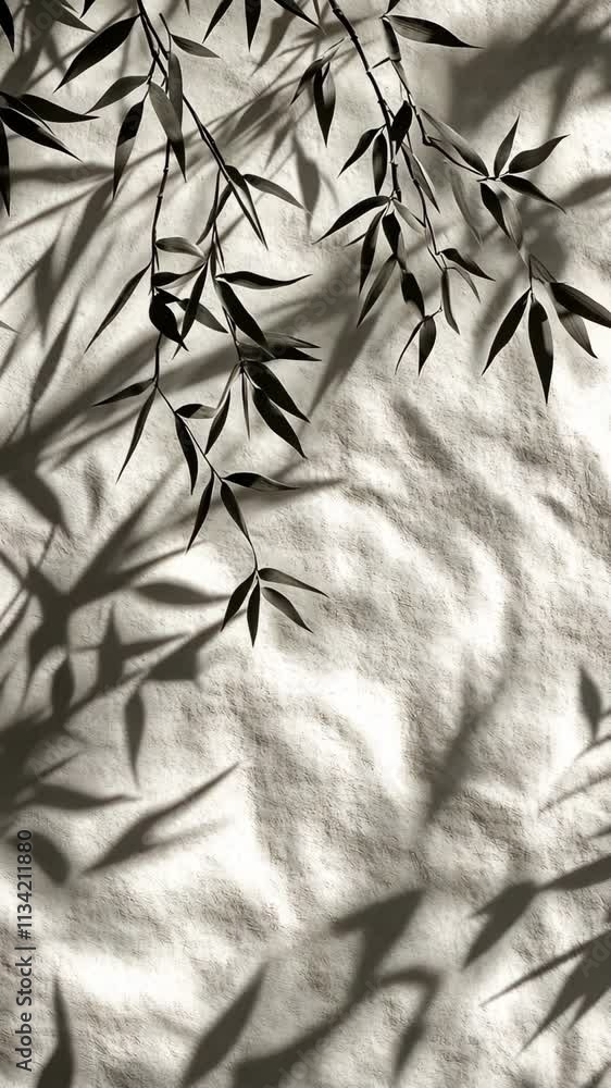Poster shadows of bamboo leaves cast on textured surface creating a tranquil and artistic display in natura