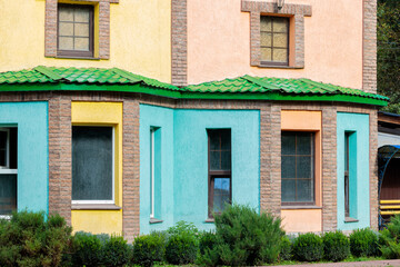 decorative house garden colorful architecture facade dusty windows toy style festive external object background