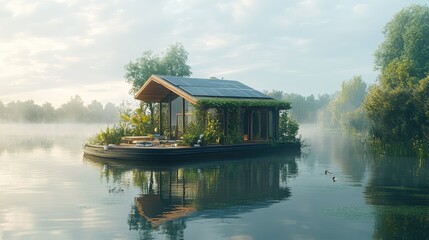 Obraz premium A floating eco-home on a serene lake, powered by solar energy and supported by a system of water-purifying plants