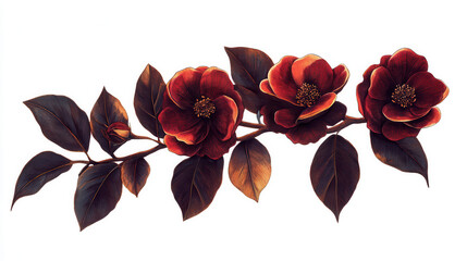 A vibrant floral branch with deep crimson and gold flowers paired with dark olive-green leaves, styled to contrast vividly with a white background. The blossoms are slightly layered, adding depth