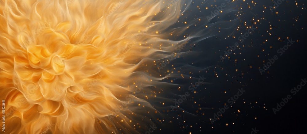 Poster a shimmering background with golden sparks and small fiery embers scattered dynamically on a black c