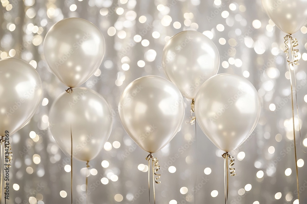 Poster elegant white balloons with shiny finish against a soft bokeh background creating a festive and joyf