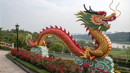 Fototapeta premium A large dragon statue is on display in a garden