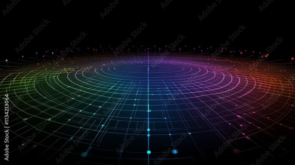 Poster abstract colorful circles and lines on dark background in motion