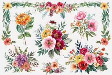 Captivating Watercolor Floral Sketches Collection with Botanical Borders and Bouquets