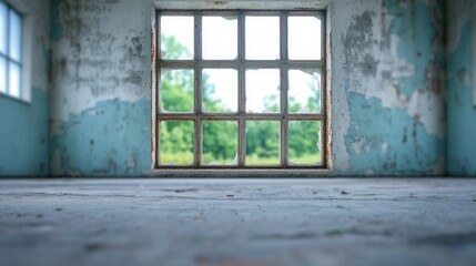 Fototapeta premium A single, broken window in an abandoned factory, framed by rusted metal and peeling pain