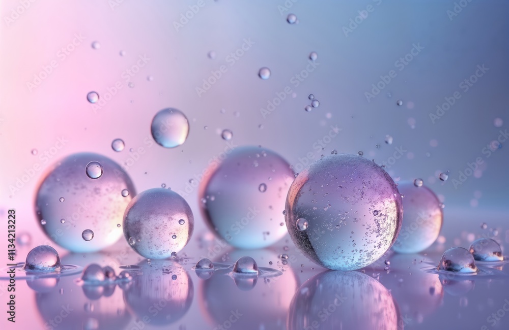 Poster Abstract illustration of water droplets, bubbles with soft pastel colors. Clear spheres of different sizes float in mid-air. Water droplets scattered around. Surface looks glossy. Colors blending
