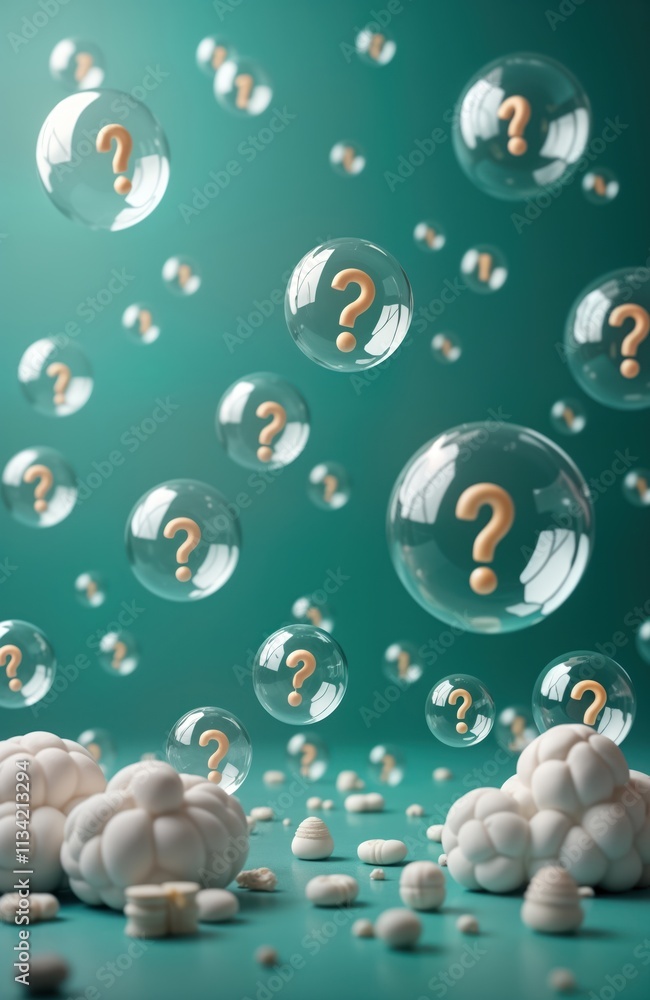 Poster Abstract illustration shows floating transparent bubbles with question marks. Floating question mark bubbles on teal backdrop. White textured shapes lay on surface below bubbles. Conceptual