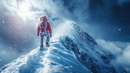 Create a cover for an ebook. This cover has shades of blue and black. The main object of this ebook is a real woman overcoming limits. She is climbing a snowy mountain