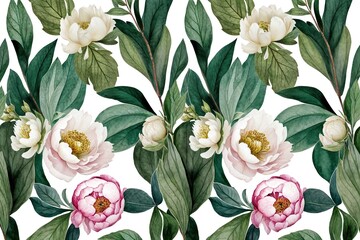 Botanical Watercolor Seamless Trim with Emerald Green Leaves Ivory Flowers and Peony Blooms for Invitations Home Decor and Gift Wrapping