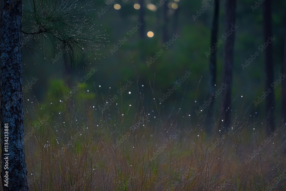 Poster enchanted forest landscape at dusk with dewdrops on grasses and soft bokeh lights in background crea